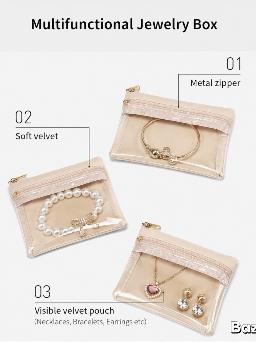 Multifunctional Travel Jewelry Pouch - Beige Velvet & Clear